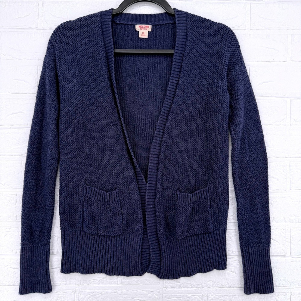 Mossimo Cardigan Women XS Navy Blue Textured Knit Open Front Pocket Sweater